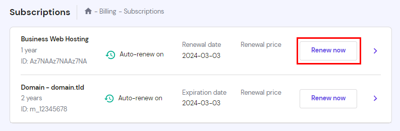 The list of subscriptions showing how to renew
