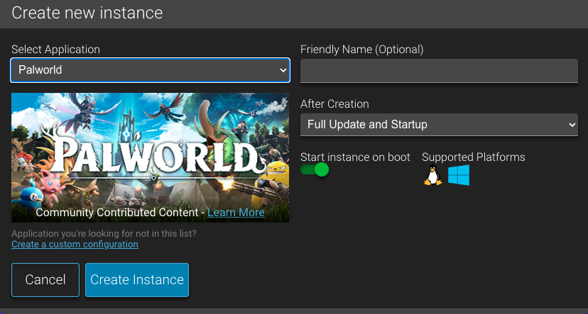 The Create new instance options on Game Panel to create a Palworld instance