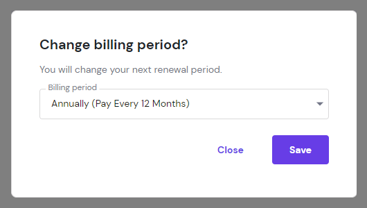 The Change billing period window showing a drop-down list of available renewal periods