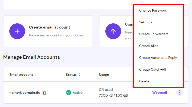 The available email account managemente options