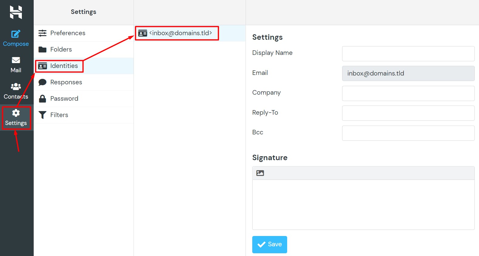 The Identities section on Hostinger Webmail