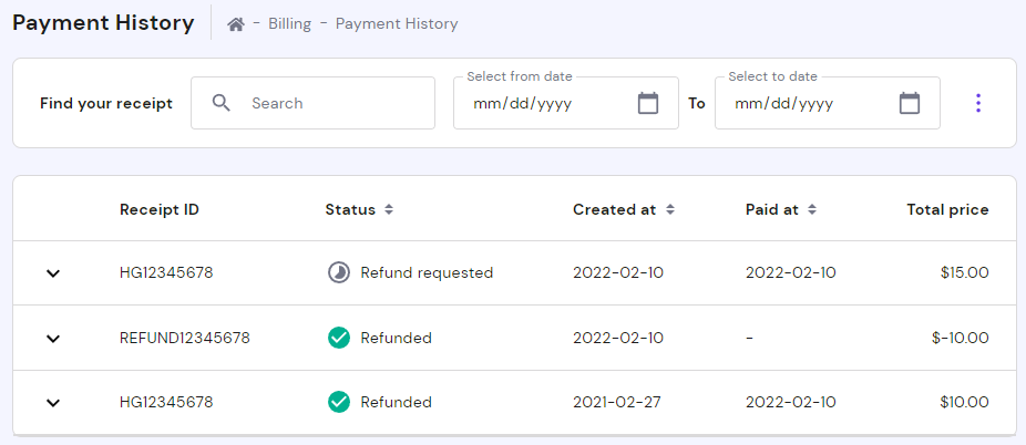 The Payment History section showing the recently refunded invoice with status Refund requested