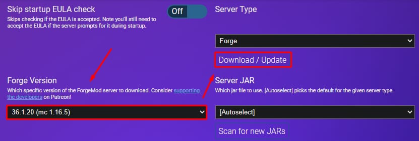 The options to install Forge on Minecraft via the Game Panel
