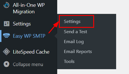 The Easy WP SMTP Plugin Settings option on the WordPress administration panel