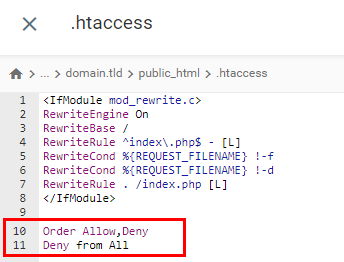 The Deny from All rule in the website's .htaccess file