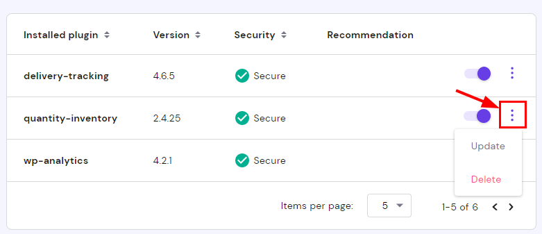 The options button on a plugin showing how to update or delete the plugin