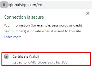 An EV SSL certificate displaying the company name to which it is issued