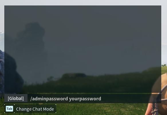 The Palworld chat window showing how to log in in admin mode