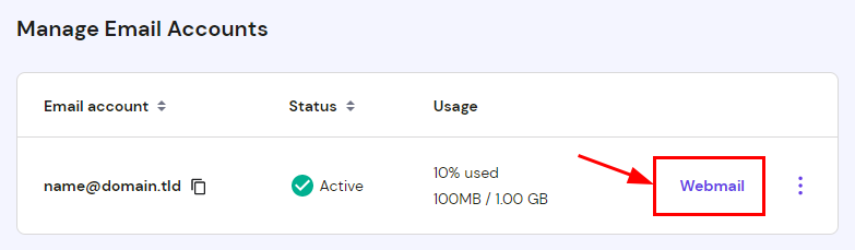 The Manage Email Accounts section in Hostinger Members Area, showing how to access Webmail