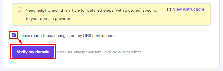 The domain verification page for Titan Email showing to check that changes were made and click on the Verify my domain button
