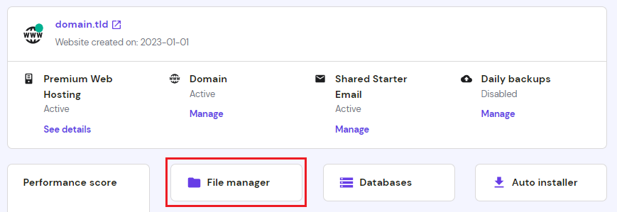 The File manager option in the hosting dashboard