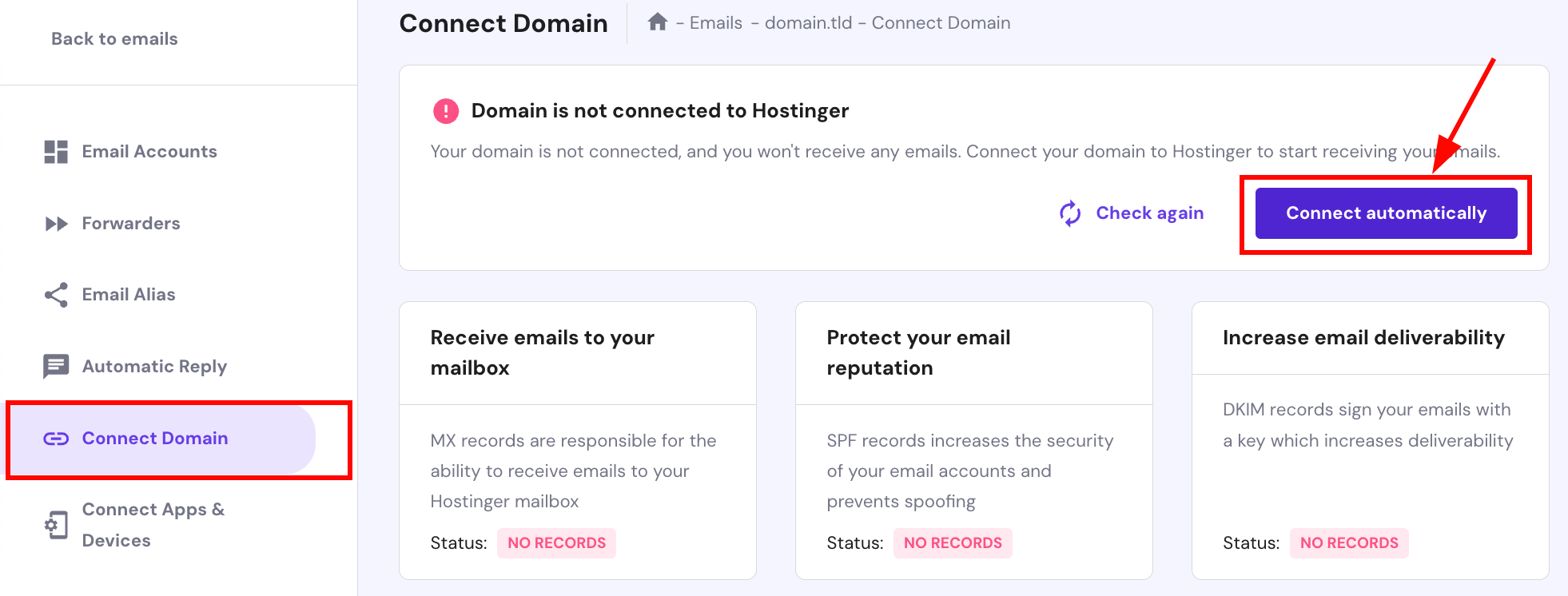 The feature to automatically connect a domain to the Hostinger Email service