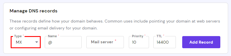 The Manage DNS records area on the DNS Zone Editor showing how to add an MX record