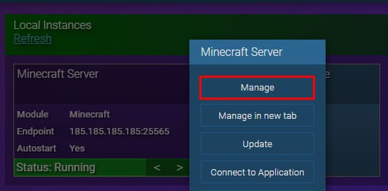 The Game Panel showing the Minecraft server options