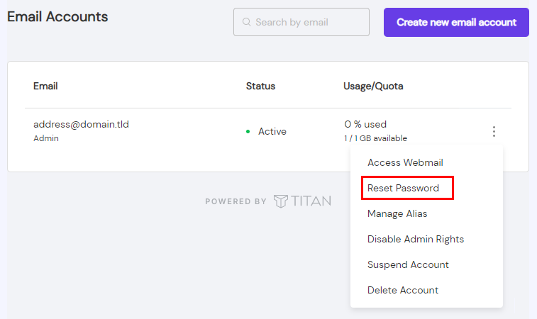 Resetting a password of an email account