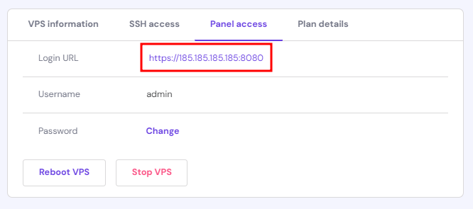 The hPanel VPS management area showing the Panel access tab and login URL