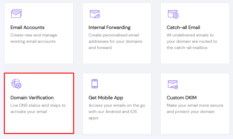 The Titan Mail dashboard on hPanel showing where to verify a domain