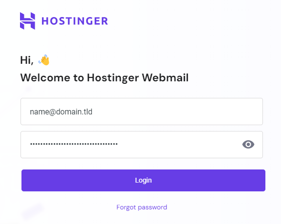 The Hostinger Email Webmail login page showing how to enter the login credentials