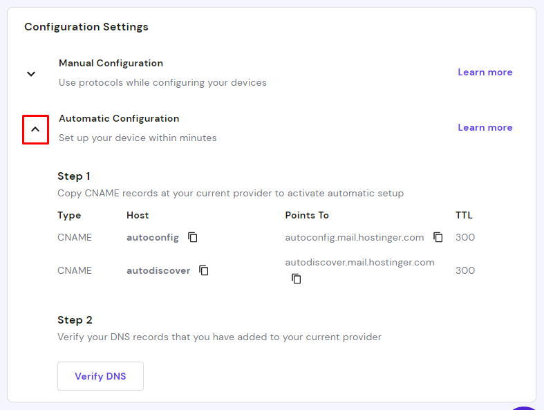 The Configuration settings showing the automatic configuration CNAME records