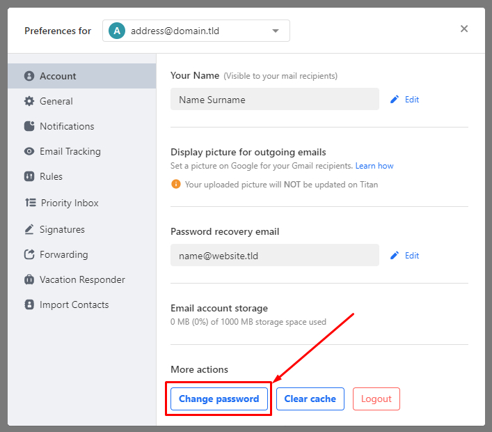 Resetting a password of an email account