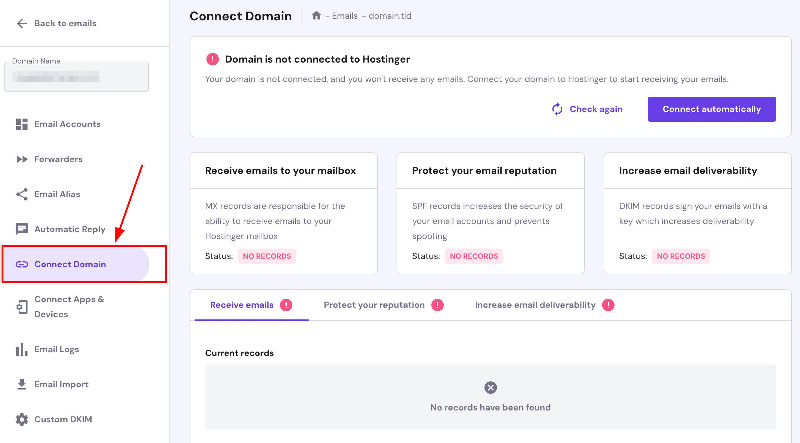 The Connect Domain tool in the email management area at Hostinger