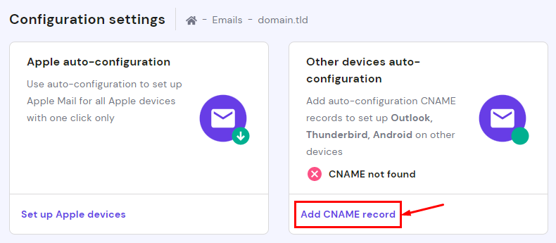 The Add CNAME record button on the Hostinger Email configuration settings