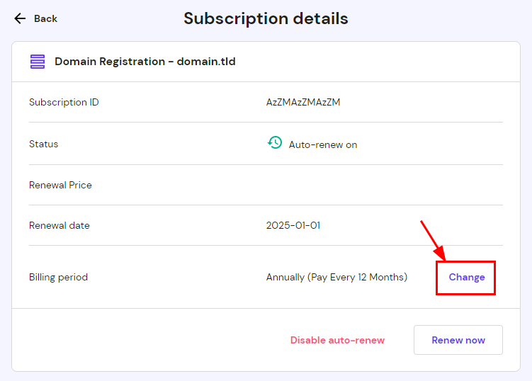 The Subscription details section on hPanel Billing area showing how to change billing period