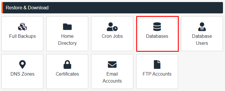 The Restore and download section on JetBackup 5 showing the Databases option
