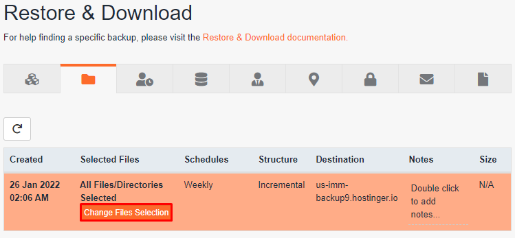 The backup list showing how to change files selection