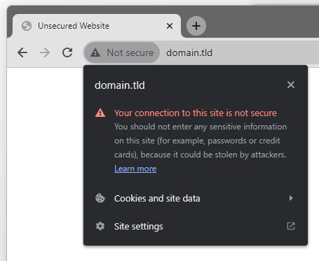 The not secure warning on the browser