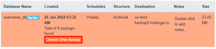 The backup list showing how to choose other backup