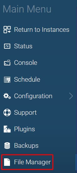 The Game Panel main menu showing how to access the file manager