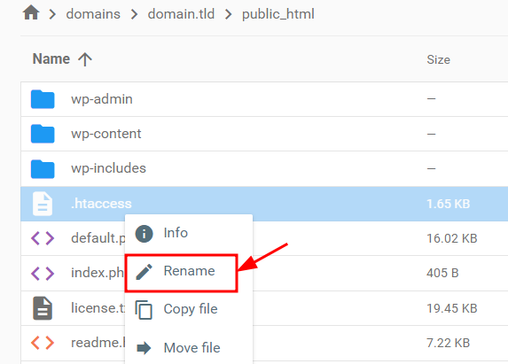 Renaming the .htaccess file