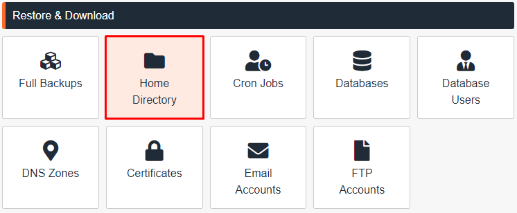 The Restore and download section on JetBackup 5 showing the Home Directory option