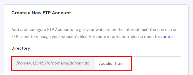 The Create New FTP account section showing the root folder path