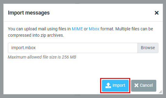 The Import messages window showing the option to select the file to import and click on the Import button