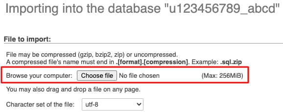 Importing the database backup