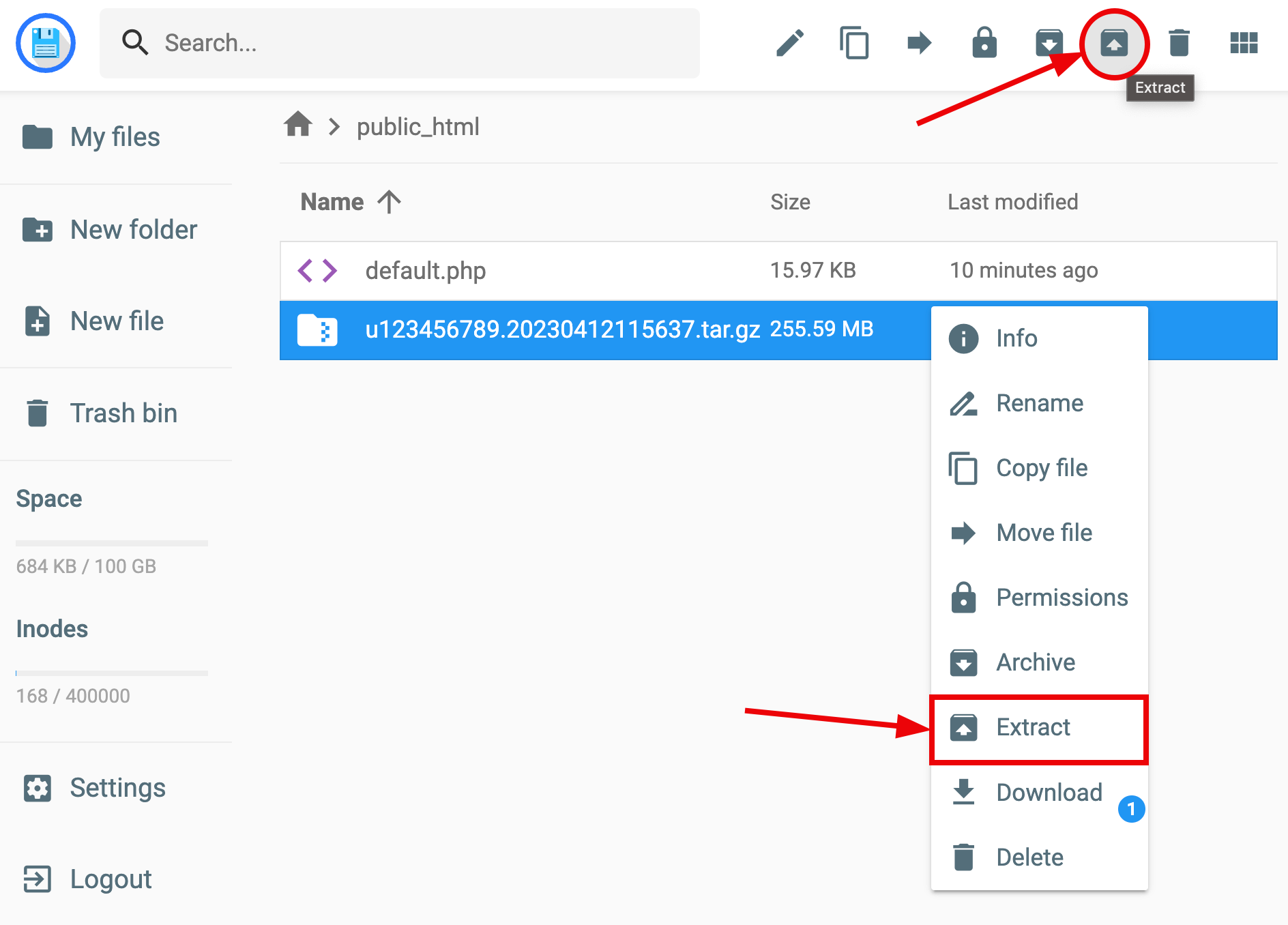 Extracting the archive of the website's backup files