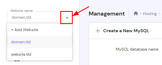 The Database management section showing how to select the website