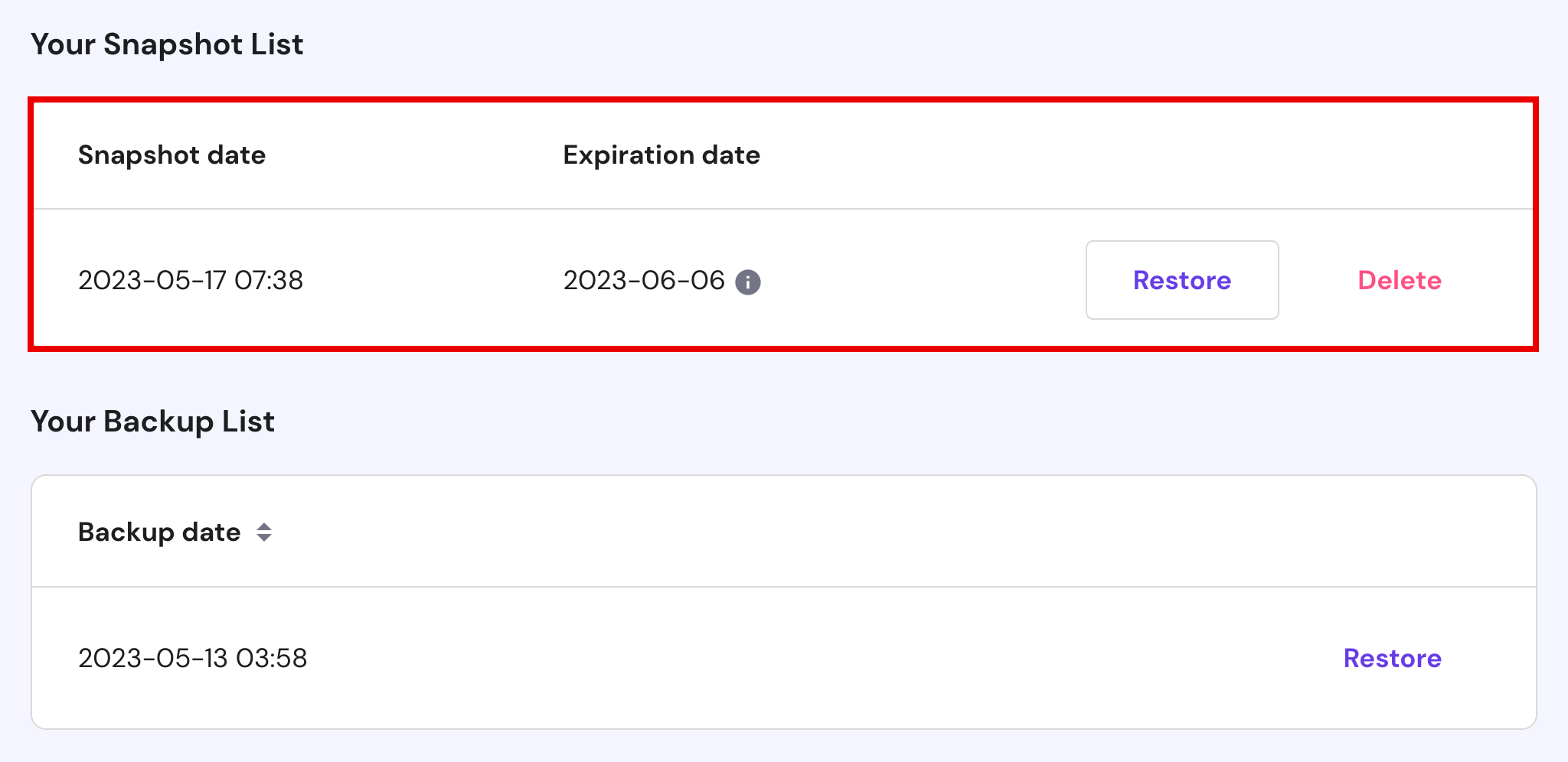 The VPS snapshot list