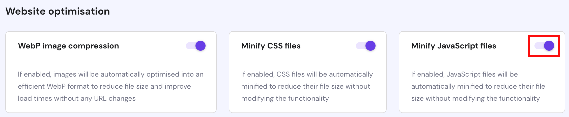 The option to minify website's JavaScript files