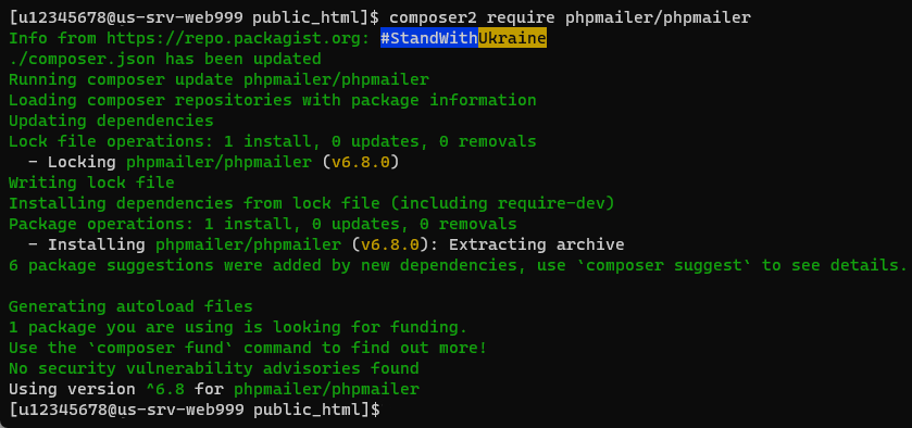 A terminal window showing the output of a successful phpmailer installation using composer2