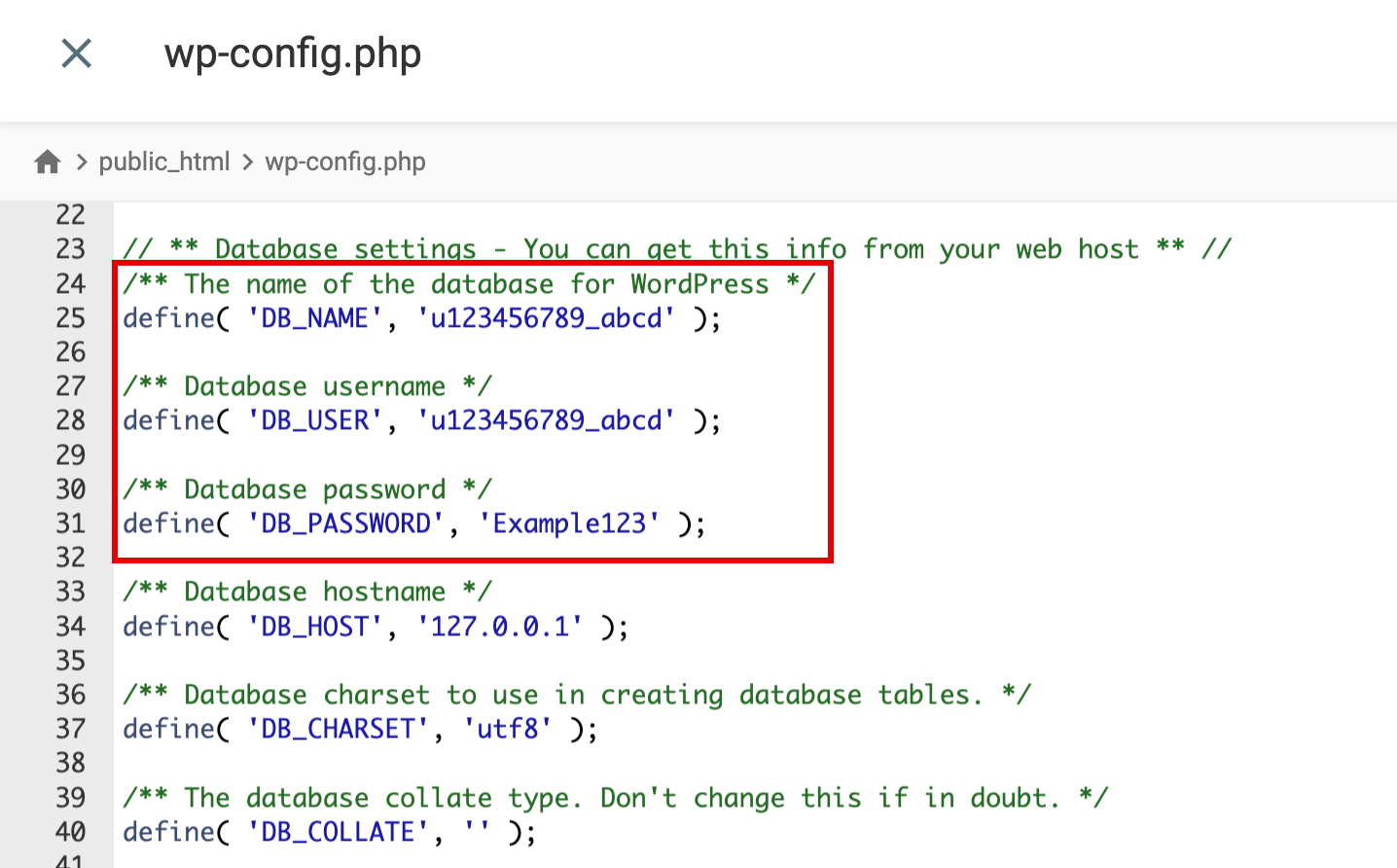 Updating the database details in the website's configuration file