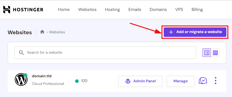 The Websites Add or migrate a website button