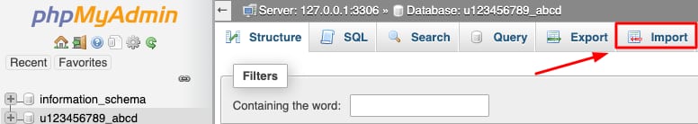 The button Import in phpMyAdmin allows importing the database backup
