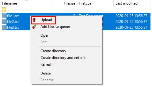 The FileZilla context menu showing how to upload files