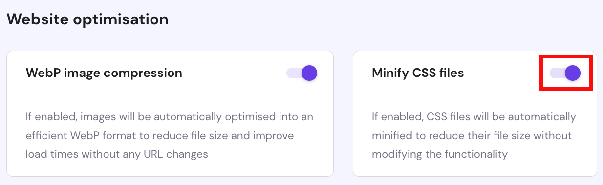 The option to minify website's CSS files
