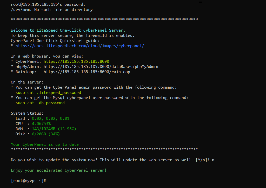 The terminal screen showing the welcome message after a successful connection to the server